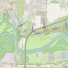 Mapa przedstawia fragment Poznania z zaznaczonymi odcinkami poznańskiej trasy bezpłatnej, biegnącej wzdłuż Warty.