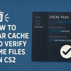 Instrukcja czyszczenia cache i weryfikacji plików gry w CS2. Ikona kosza i przycisk "CLEAR CACHE" sugerują usuwanie niepotrzebnych danych.