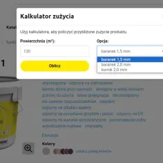 Kalkulator zużycia: tynk silikonowy 25 kg na ile metrów? Wybierz grubość ziarna, np. baranek 1,5 mm, by obliczyć potrzebną ilość.