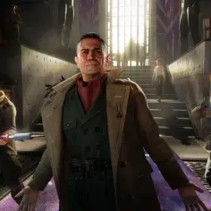Dying Light 2 postacie: mężczyzna w płaszczu otoczony przez dwóch zamaskowanych strażników z bronią. W tle schody i kobieta.