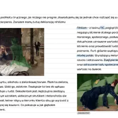 Obraz „Pijak absyntu” ukazuje mężczyznę pogrążonego w melancholii, symbol dekadentyzmu. Obok niego zielona zjawa, uosobienie pokusy.