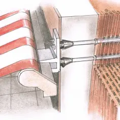 Szczegółowy rysunek techniczny przedstawiający mocowanie belki przez styropian, z widocznymi elementami konstrukcyjnymi i izolacją.
