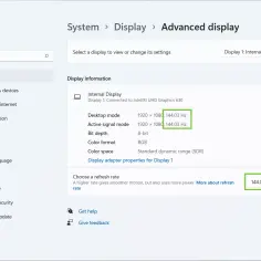 Ustawienia zaawansowane monitora: rozdzielczość 1920x1080, częstotliwość odświeżania 144.03 Hz. Tak sprawdzisz nazwę monitora na komputerze.