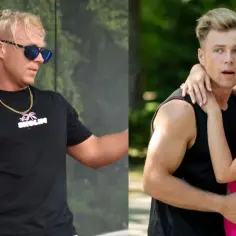 Skolim w czarnej koszulce z napisem "SKOLIM" i złotym łańcuchem, śpiewa na scenie. Obok, w objęciach, para wpatruje się w dal, szukając barw szczęścia.