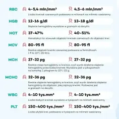 Wyniki badań krwi: RBC, HGB, HCT, MCV, MCH, MCHC, WBC. PLT (płytki krwi) podwyższone, norma 150-400 tys./mm³.