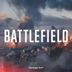 Widok na miasto w ogniu, z dymem, płomieniami i śladami po pociskach. W tle widać okręty i helikoptery. To zapowiedź **Battlefield 7**.