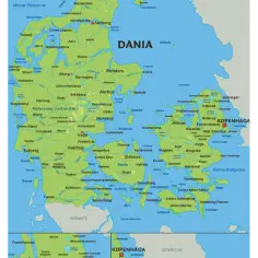 Mapa Danii z zaznaczonymi miastami i regionami. Widać, gdzie leży Dania, otoczona Morzem Północnym i Bałtyckim, z granicą z Niemcami.