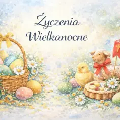 Wesołych życzeń świątecznych wielkanocnych! Koszyk z pisankami, kurczaczek, baranek z chorągiewką i mazurek.