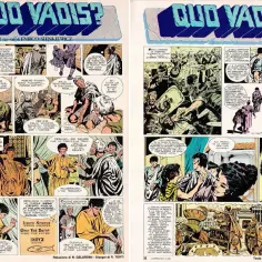 Komiks "Quo Vadis" przedstawia sceny z życia starożytnego Rzymu, gdzie bohaterowie mierzą się z prześladowaniami chrześcijan.