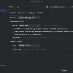 Konfiguracja uruchamiania aplikacji w Android Studio, pokazująca opcje instalacji i uruchamiania, kluczowe dla pracy z android sdk.