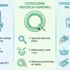 Ilustracja pokazuje, jak dbać o pralkę: czyszczenie bębna, uszczelki gumowej i szuflady na detergenty.