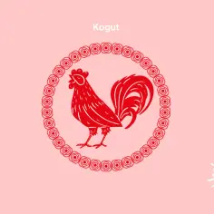Czerwony kogut, chiński znak zodiaku 2005, w ozdobnym okręgu na różowym tle.