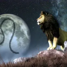 Lew na tle księżyca z symbolem zodiaku. Król dżungli, ascendent lew, patrzy w nocne niebo pełne gwiazd.