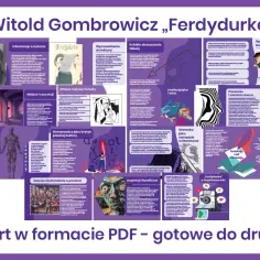 Grafika przedstawia schemat analizy "Ferdydurke" Witolda Gombrowicza, z elementami graficznymi nawiązującymi do dzieła, w tym stylizowaną gębę Ferdydurke.