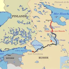 Mapa północno-wschodniej Europy z zaznaczonymi Finlandią, Estonią, Rosją, Morzem Bałtyckim i Morzem Białym. Widoczny Kanał Morza Białego.