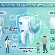 Ilustracja pokazuje proces remineralizacji szkliwa. Zdrowy ząb chroniony tarczą, obok osłabione szkliwo z objawami.