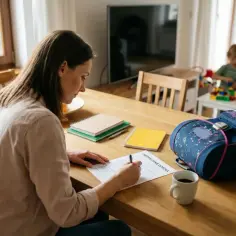 Kobieta wypełnia dokument "Ubezpieczenie dziecka", zastanawiając się, czy ubezpieczenie szkolne obejmuje poza szkołą. W tle dziecko bawi się klockami.