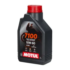 Czarny kanister z olejem Motul 7100 10W-60, idealny do sportowych motocykli, zarówno na drodze, jak i w terenie. Lepsza ochrona silnika.