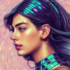 Portret kobiety z niebieskimi oczami i ciemnymi włosami, ozdobionymi neonowymi pasemkami. Jej szyję otacza futurystyczny kołnierz. Obraz przypomina stylizowaną **lensa**.