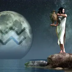 Kobieta z wazą na tle księżyca z symbolem Wodnika. Ascendent w Wodniku, nocne niebo pełne gwiazd.