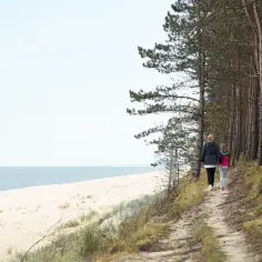 Spacer po karwia promenadzie. Dwie kobiety idą ścieżką wśród sosen, z widokiem na piaszczystą plażę i morze.