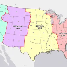 Mapa USA pokazuje, ile jest stref czasowych: Pacyficzną (2 PM), Górską (3 PM), Centralną (4 PM) i Wschodnią (5 PM).