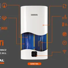 Schematyczny przekrój bojlera elektrycznego Thermoval Aqua Ti z opisem funkcji i cech.