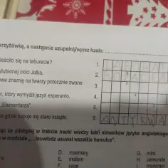 Fragment krzyżówki z wpisanymi literami i pytaniami.