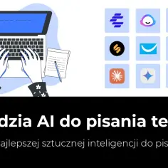 Ręce piszą na laptopie, obok notatnik. Po prawej ikony narzędzi AI, w tym darmowa sztuczna inteligencja.