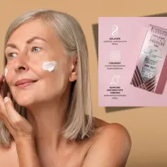Kobieta z kremem na policzkach, obok opakowanie Eveline Collagen Super Needles z kolagenem i komórkami macierzystymi jabłoni.