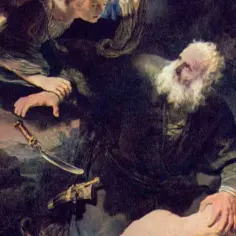 Anioł powstrzymuje Abrahama przed ofiarowaniem syna. Nóż spada z ręki starca, gdy anioł chwyta jego dłoń.