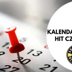 Zbliżenie na kalendarz z czerwoną pinezką, rysunek ryby i tekst "KALENDARZ BRAŃ HIT CZY MIT?".