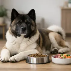 Akita leży obok misek z suchą karmą i świeżym jedzeniem. Zastanawia się, co lubi jeść akita: mięso czy chrupki?