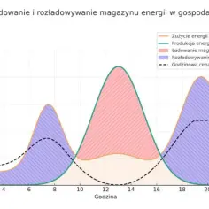 Wykres pokazuje dobowy profil zużycia, produkcji energii PV, ładowania i rozładowywania magazynu energii oraz cenę energii w kWh.