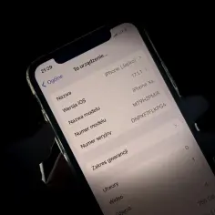 Ekran iPhone'a z widocznymi informacjami o urządzeniu, w tym wersją iOS i modelem.