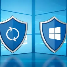 Dwa niebieskie tarcze z symbolami: jedna z ikoną odświeżania, druga z logo Windows. Tło to niebieskie okna, sugerujące system Windows 11 LTSC.