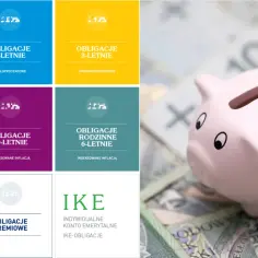 Skarbonka na tle polskich banknotów i kafelków z nazwami obligacji skarbowych.