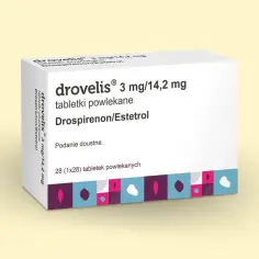 Opakowanie leku Drovelis 3 mg/14,2 mg. Przed zastosowaniem zapoznaj się z ulotką, by poznać potencjalne drovelis skutki uboczne.