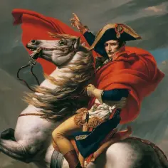 Napoleon na białym koniu, w czerwonym płaszczu, wskazuje drogę. Jego wzrost, choć niepozorny, budzi respekt.