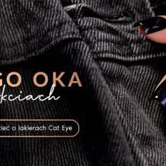 Efekt kociego oka na paznokciach w ciemnym, połyskującym odcieniu. Lśniące, ciemne paznokcie z efektem kociego oka na jasnym tle.