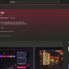 Strona Microsoft Store z Operą GX, przeglądarką z wbudowanym VPN, idealną dla graczy.
