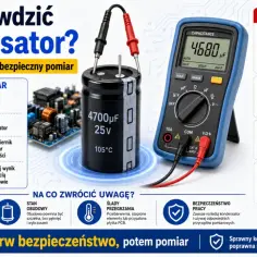 Jak sprawdzić kondensator? Obraz pokazuje pomiar pojemności kondensatora multimetrem, objawy uszkodzeń i instrukcję bezpiecznego pomiaru.