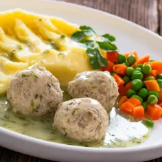 Pyszne mięso w sosie z koperkiem, podane z purée ziemniaczanym i warzywami.