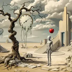 Pustynny krajobraz z topiącymi się zegarami, posągami i dryfującym jabłkiem. To jest co to surrealizm w obrazie.