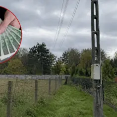 Ręce trzymające banknoty 100 zł na tle słupa na działce ponad 30 lat, domu i drzew.