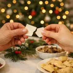 Dzielenie się opłatkiem i składanie sobie życzeń przy wigilijnym stole, w blasku choinki i świec.