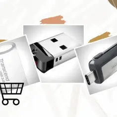 Trzy pendrive'y: Transcend, SanDisk i jeden nieznany, obok sylwetki mężczyzny z wózkiem.