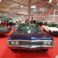 Błękitny Chevrolet Impala 1967, klasyk amerykańskiej motoryzacji, prezentowany na czerwonym dywanie wśród innych zabytkowych aut.