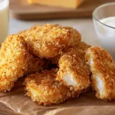 Chrupiący kurczak w panko, idealny do maczania w sosie. Obok szklanka mleka i miseczka jogurtu.