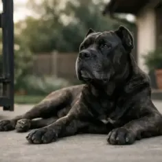 Potężny pies rasy Cane Corso leży przy bramie. Czy cane corso jest agresywny? Ten pies wygląda na spokojnego.